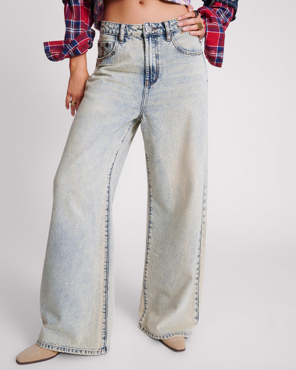 One Teaspoon Love Machines Mid Waist Super Wide Leg Denim Jeans - Blue Dust