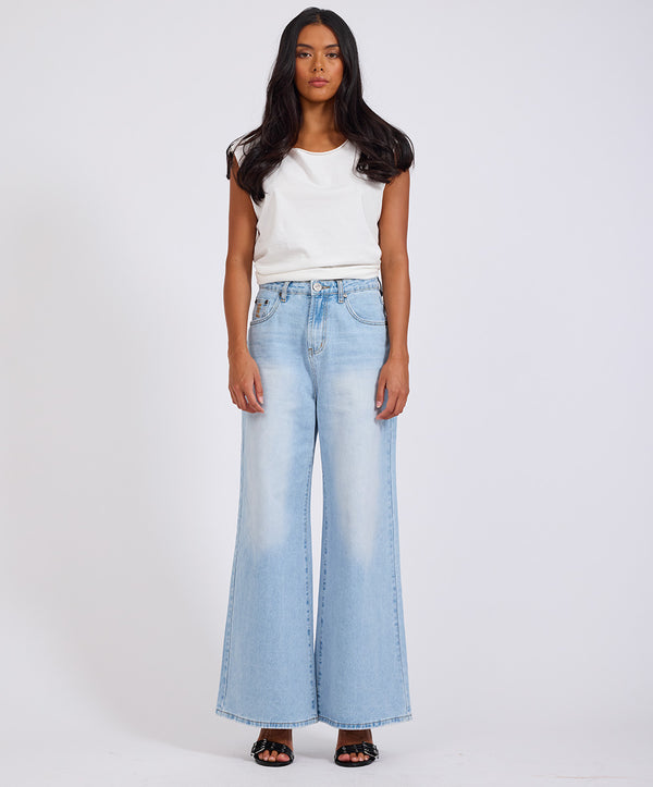 One Teaspoon Love Machines Mid Waist Super Wide Leg Heartless Denim Jeans - Blue