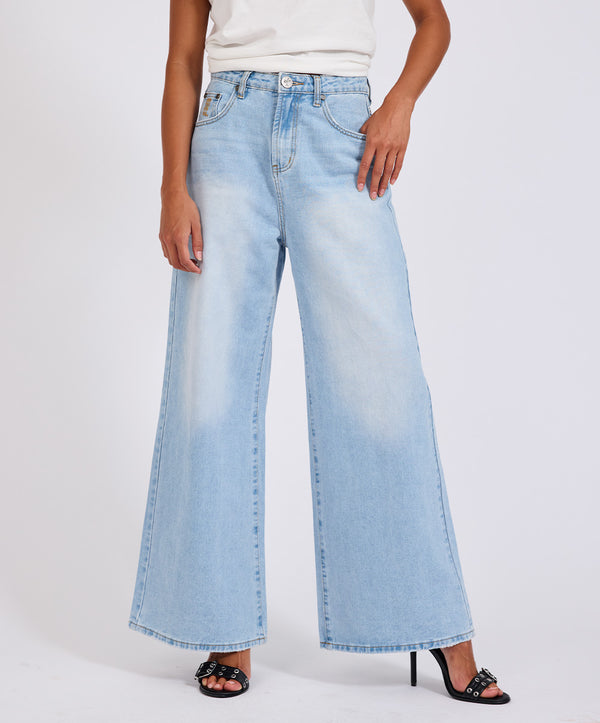 One Teaspoon Love Machines Mid Waist Super Wide Leg Heartless Denim Jeans - Blue