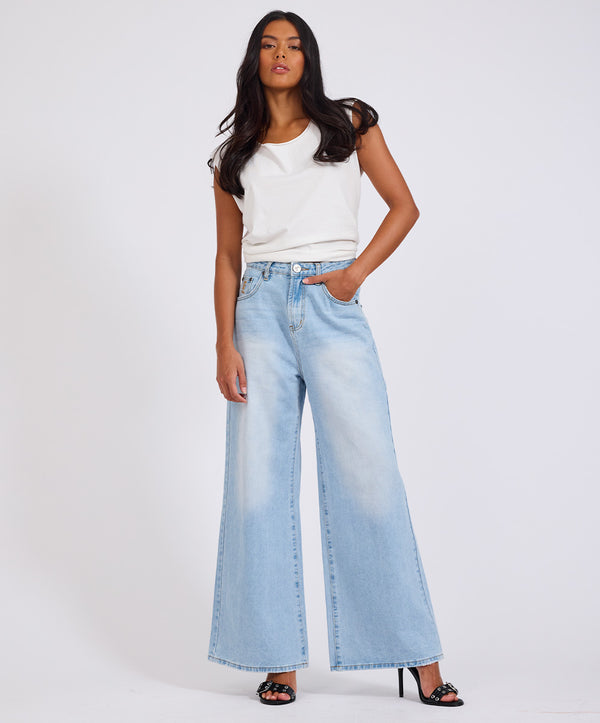 one teaspoon Love Machines Mid Waist Super Wide Leg Heartless Denim Jeans - Blue