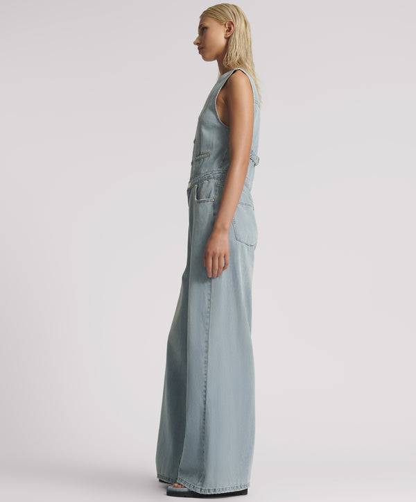 One Teaspoon Love Machines Sleeveless Wide Leg Fitted Denim Jumpsuit - Soft Blue