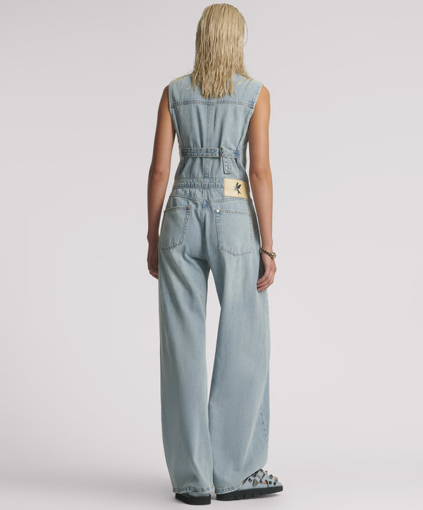 One Teaspoon Love Machines Sleeveless Wide Leg Fitted Denim Jumpsuit - Soft Blue