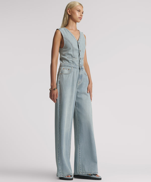 One Teaspoon Love Machines Sleeveless Wide Leg Fitted Denim Jumpsuit - Soft Blue