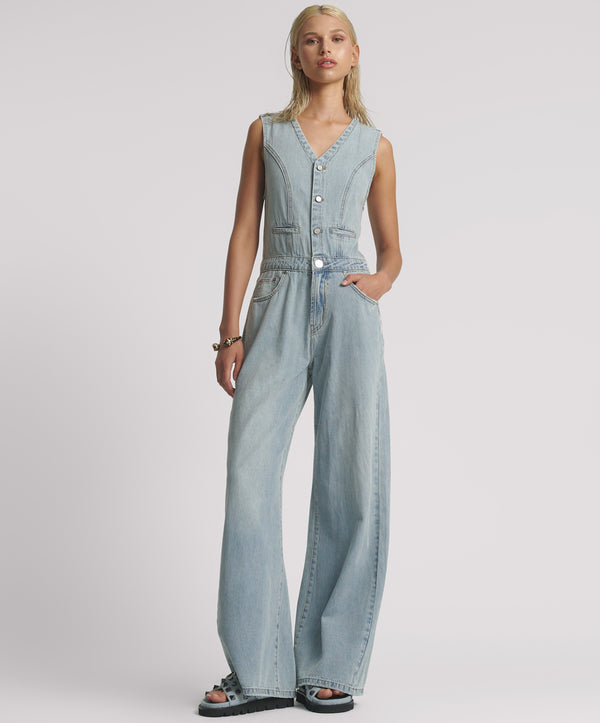 one teaspoon Love Machines Sleeveless Wide Leg Fitted Denim Jumpsuit - Soft Blue