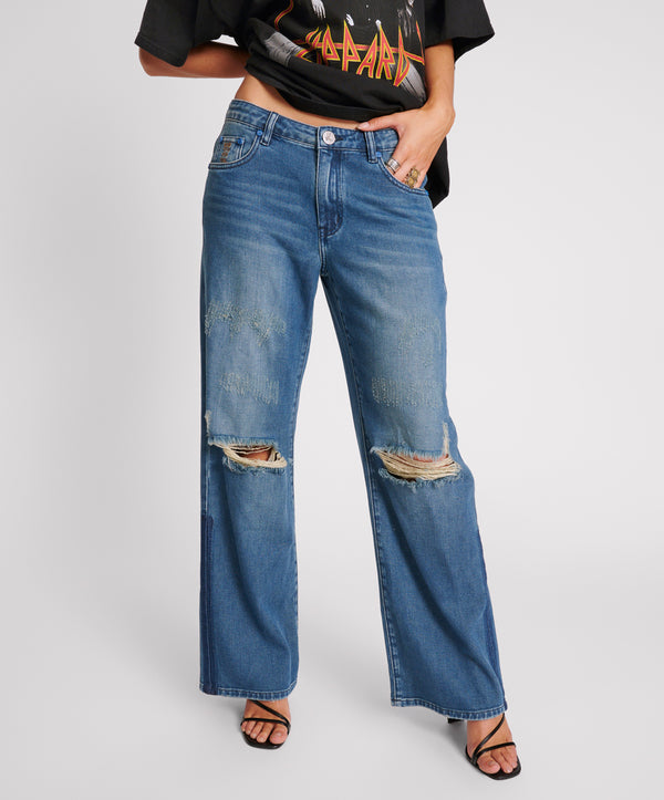 One Teaspoon Low Riders Low Waist Wide Leg Denim Jeans - Gritty Blue