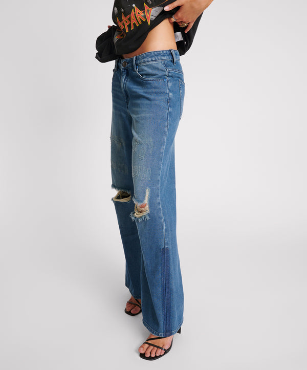 One Teaspoon Low Riders Low Waist Wide Leg Denim Jeans - Gritty Blue