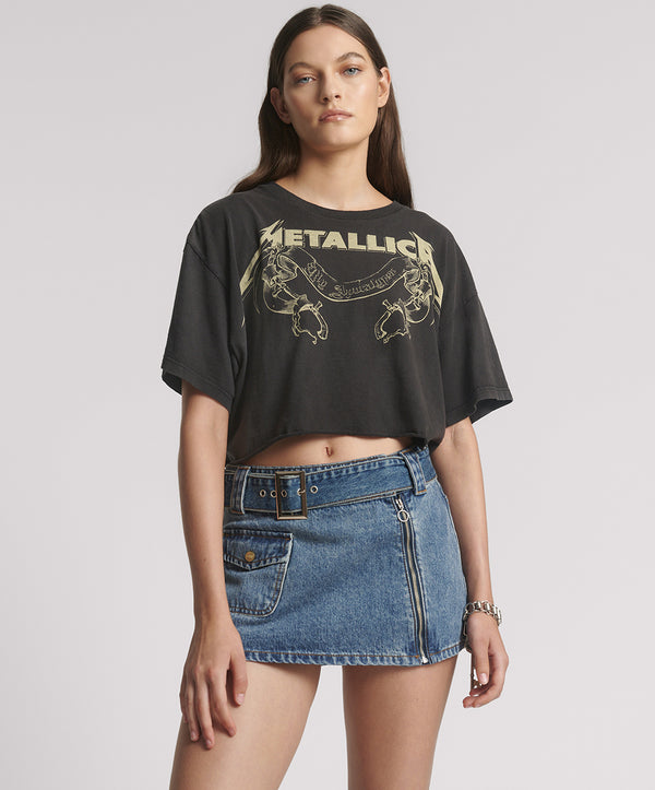 One Teaspoon Moto Belted Zipper Mini Denim Skirt - Dirty Blue Love