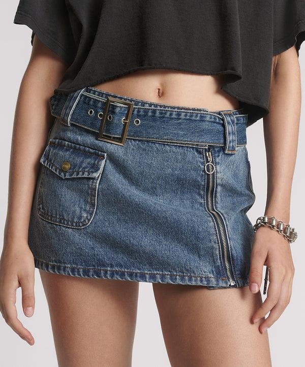 One Teaspoon Moto Belted Zipper Mini Denim Skirt - Dirty Blue Love