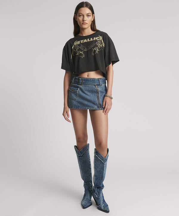 one teaspoon Moto Belted Zipper Mini Denim Skirt - Dirty Blue Love