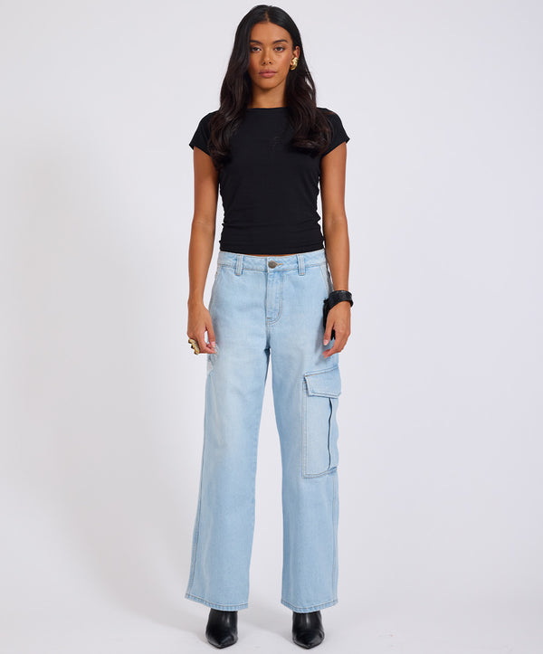 One Teaspoon New Fiction Low Waist Wide Leg Cargo Denim Jeans - Cyber Blue