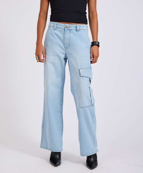 One Teaspoon New Fiction Low Waist Wide Leg Cargo Denim Jeans - Cyber Blue
