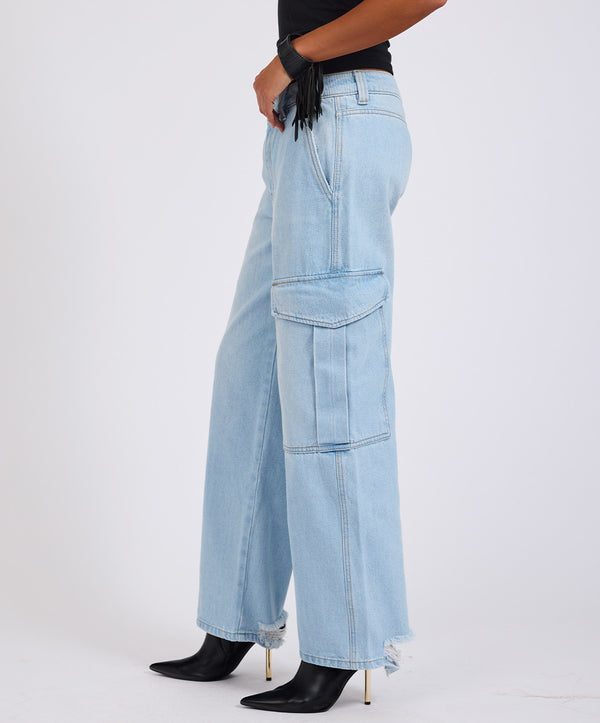 One Teaspoon New Fiction Low Waist Wide Leg Cargo Denim Jeans - Cyber Blue