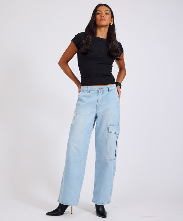one teaspoon New Fiction Low Waist Wide Leg Cargo Denim Jeans - Cyber Blue