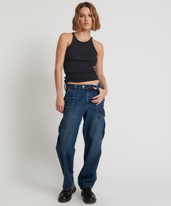 one teaspoon New Fiction Low Waist Wide Leg Cargo Denim Jeans - Royal Blue
