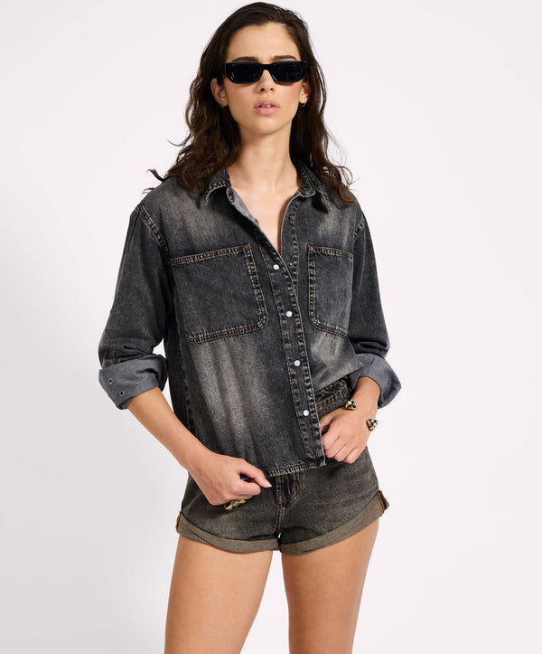 One Teaspoon Nixie Eyelet Classic Fit Denim Shirt - Charcoal Black