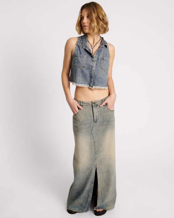 One Teaspoon Braxton Studded Denim Top - Dirty Blue