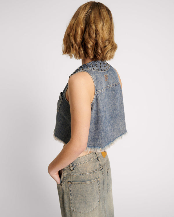 One Teaspoon Braxton Studded Denim Top - Dirty Blue