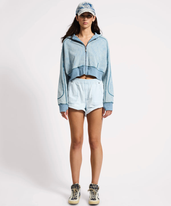 One Teaspoon Cropped Fleece Zip Hoody - Washed Blue