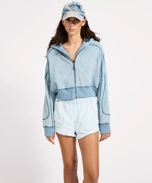 One Teaspoon Cropped Fleece Zip Hoody - Washed Blue