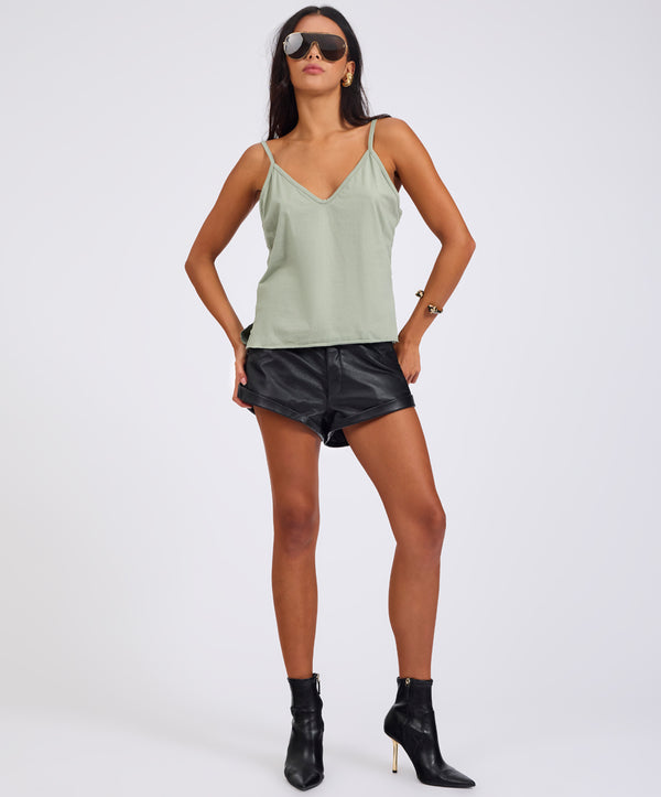 One Teaspoon Deep V Front Cotton Singlet - Khaki