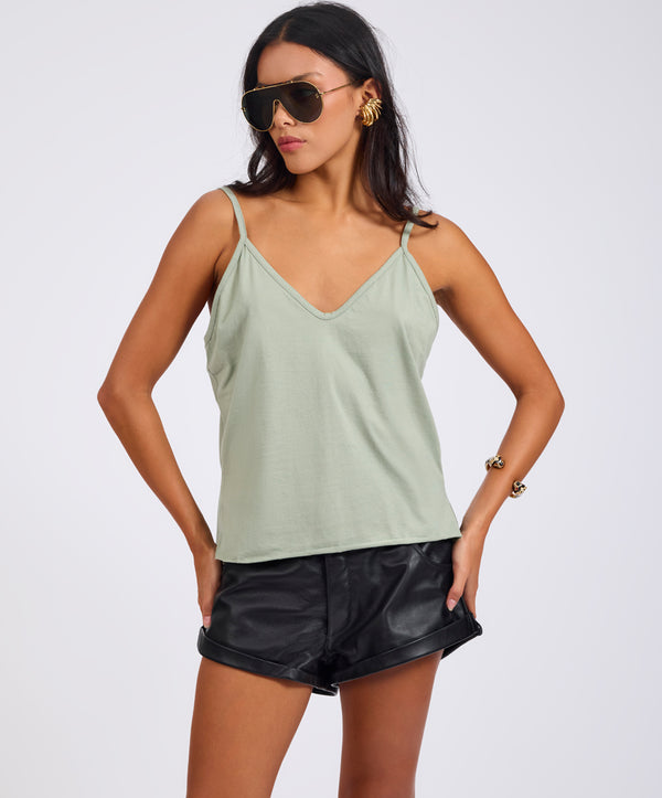 One Teaspoon Deep V Front Cotton Singlet - Khaki