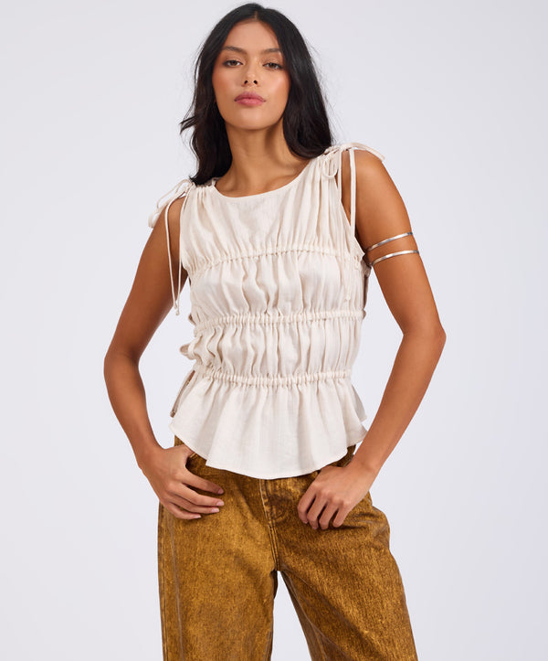 One Teaspoon Evelyn Gathered Ruched Tie Top - Cream