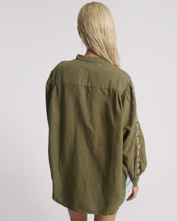 One Teaspoon Johnny Linen Lace Up Shirt - Worn Khaki