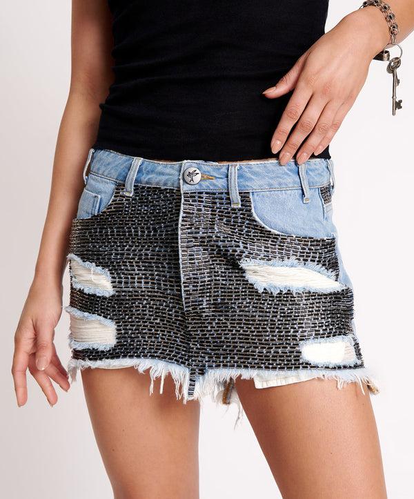 One Teaspoon Junkyard Mini Denim Skirt - Mid Blue