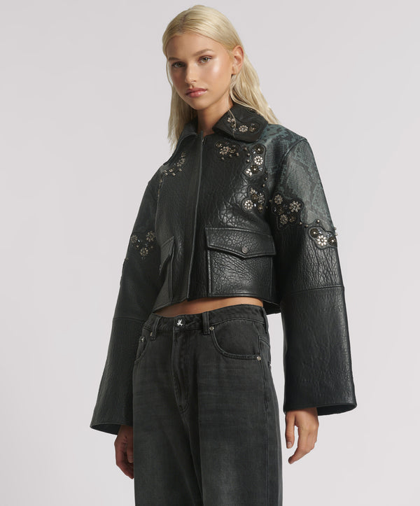 One Teaspoon Matador Leather Cropped Jacket - Black