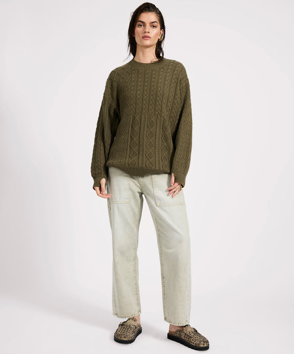 One Teaspoon Mixed Cable Cotton Knit Sweater - Khaki