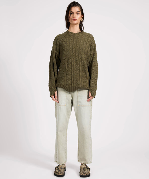 One Teaspoon Mixed Cable Cotton Knit Sweater - Khaki