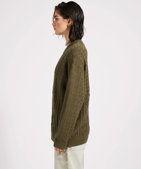 One Teaspoon Mixed Cable Cotton Knit Sweater - Khaki