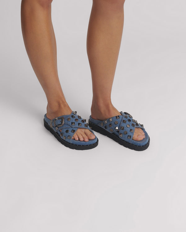 One Teaspoon Studded Denim Iggy Slides - Blue
