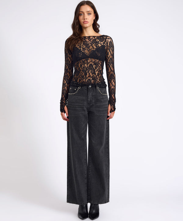 One Teaspoon Wednesday Lace Long Sleeve Top - Black
