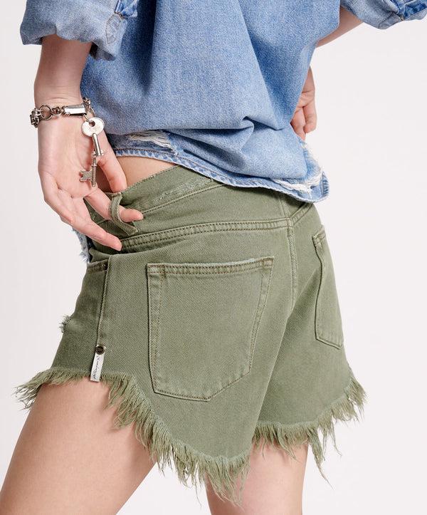One Teaspoon Outlaws Low Waist Mid Length Denim Shorts - Military Khaki