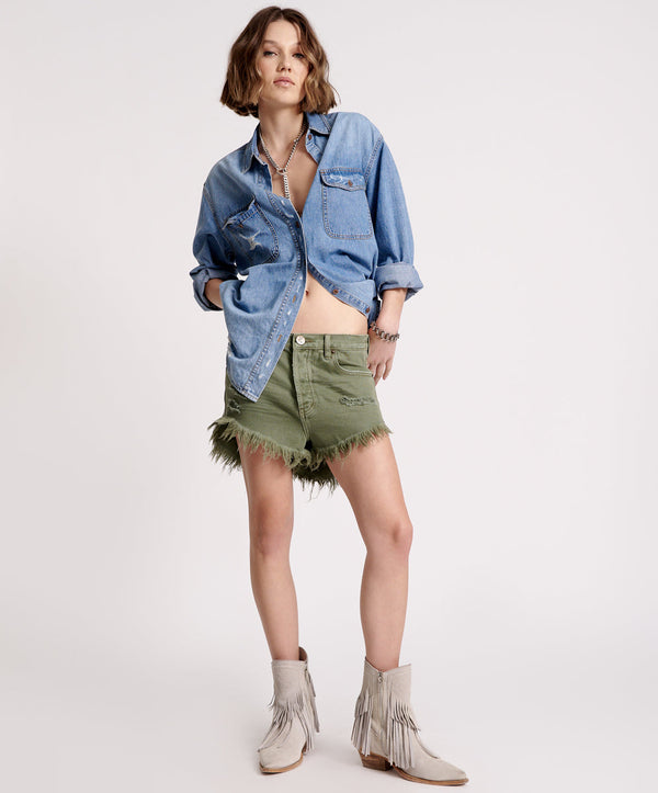one teaspoon Outlaws Low Waist Mid Length Denim Shorts - Military Khaki