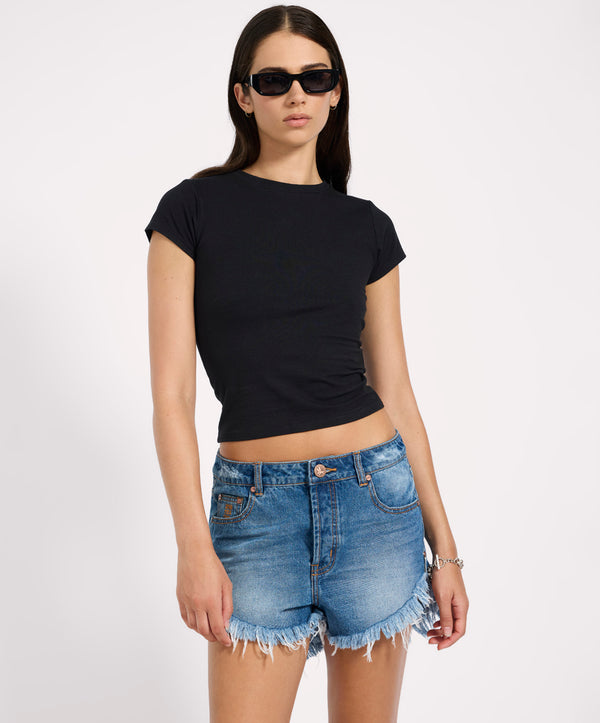 One Teaspoon Outlaws Low Waist Mid Length Denim Shorts - Pacifica Blue