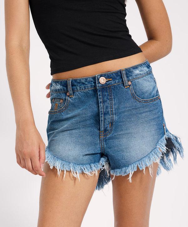 One Teaspoon Outlaws Low Waist Mid Length Denim Shorts - Pacifica Blue