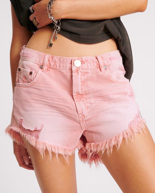 One Teaspoon Outlaws Low Waist Mid Length Denim Shorts - Vintage Red