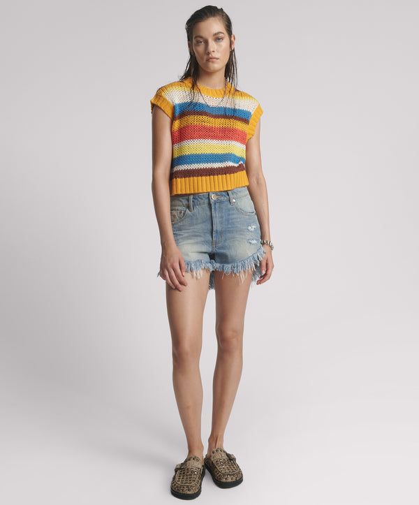 one teaspoon Outlaws Mid Waist Mid Length Denim Shorts - Blue Malt