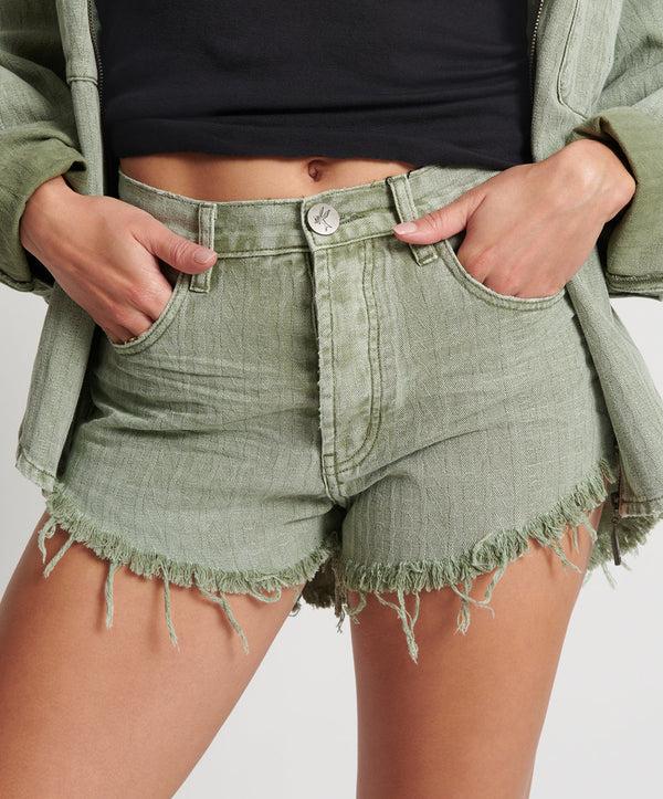 One Teaspoon Outlaws Mid Waist Mid Length Denim Shorts - Khaki