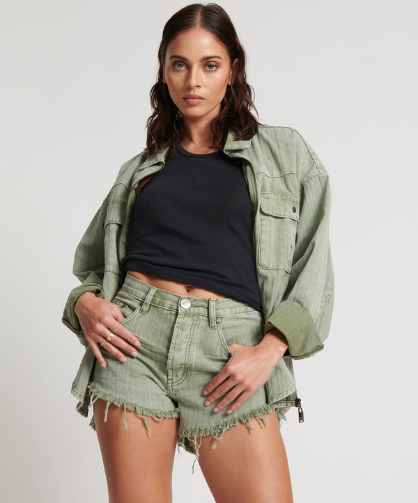 one teaspoon Outlaws Mid Waist Mid Length Denim Shorts - Khaki