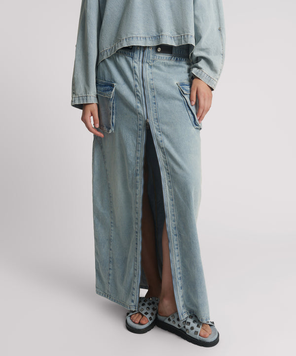 One Teaspoon Parachute Low Waist Split Front Maxi Denim Skirt - Soft Blue