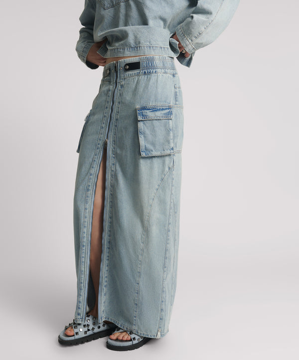 One Teaspoon Parachute Low Waist Split Front Maxi Denim Skirt - Soft Blue