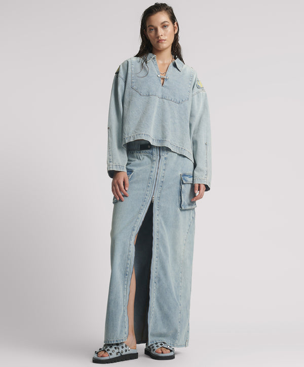 one teaspoon Parachute Low Waist Split Front Maxi Denim Skirt - Soft Blue