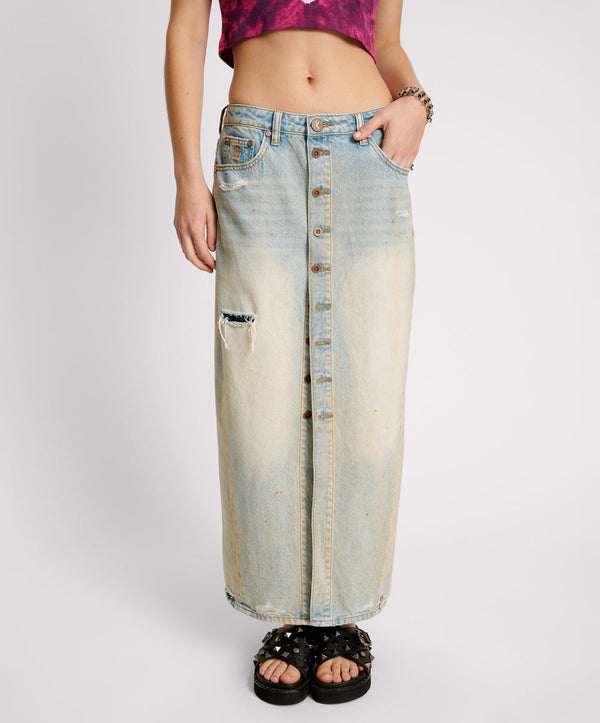 One Teaspoon Patsy Low Waist Longline Maxi Denim Skirt - Dirty Kansas
