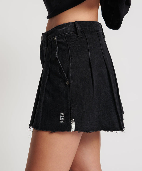 One Teaspoon Pleated Low Waist Micro Denim Mini Skirt - Black Oak