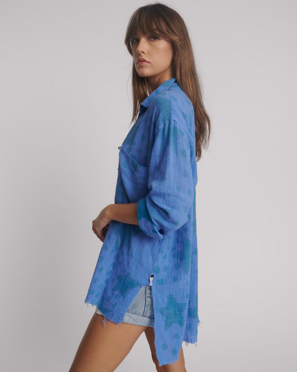 One Teaspoon Polka Star Hand Print Muslin Longline Shirt - Blue
