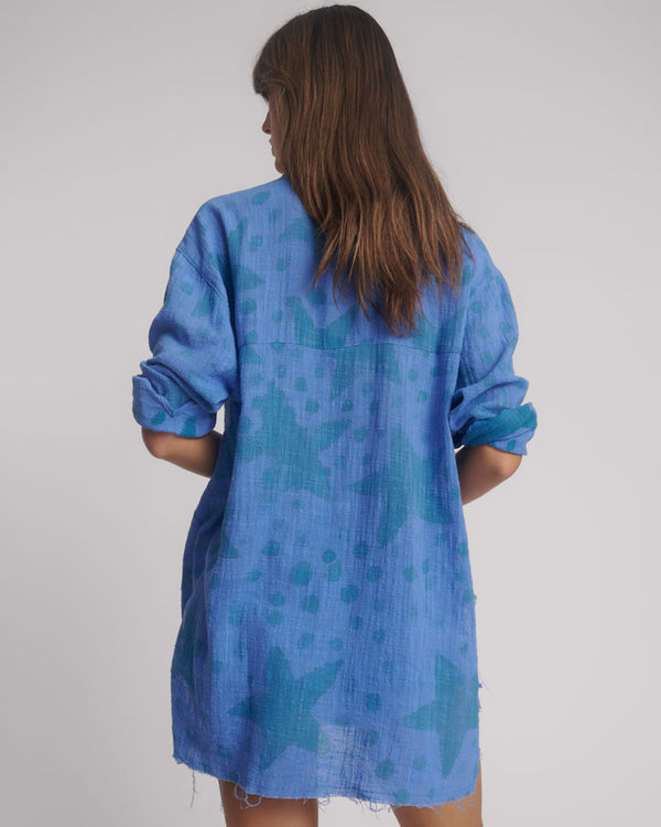 One Teaspoon Polka Star Hand Print Muslin Longline Shirt - Blue