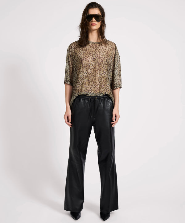 One Teaspoon Roadhouse Mid Waist Wide Leg Drawstring Leather Pants - Black